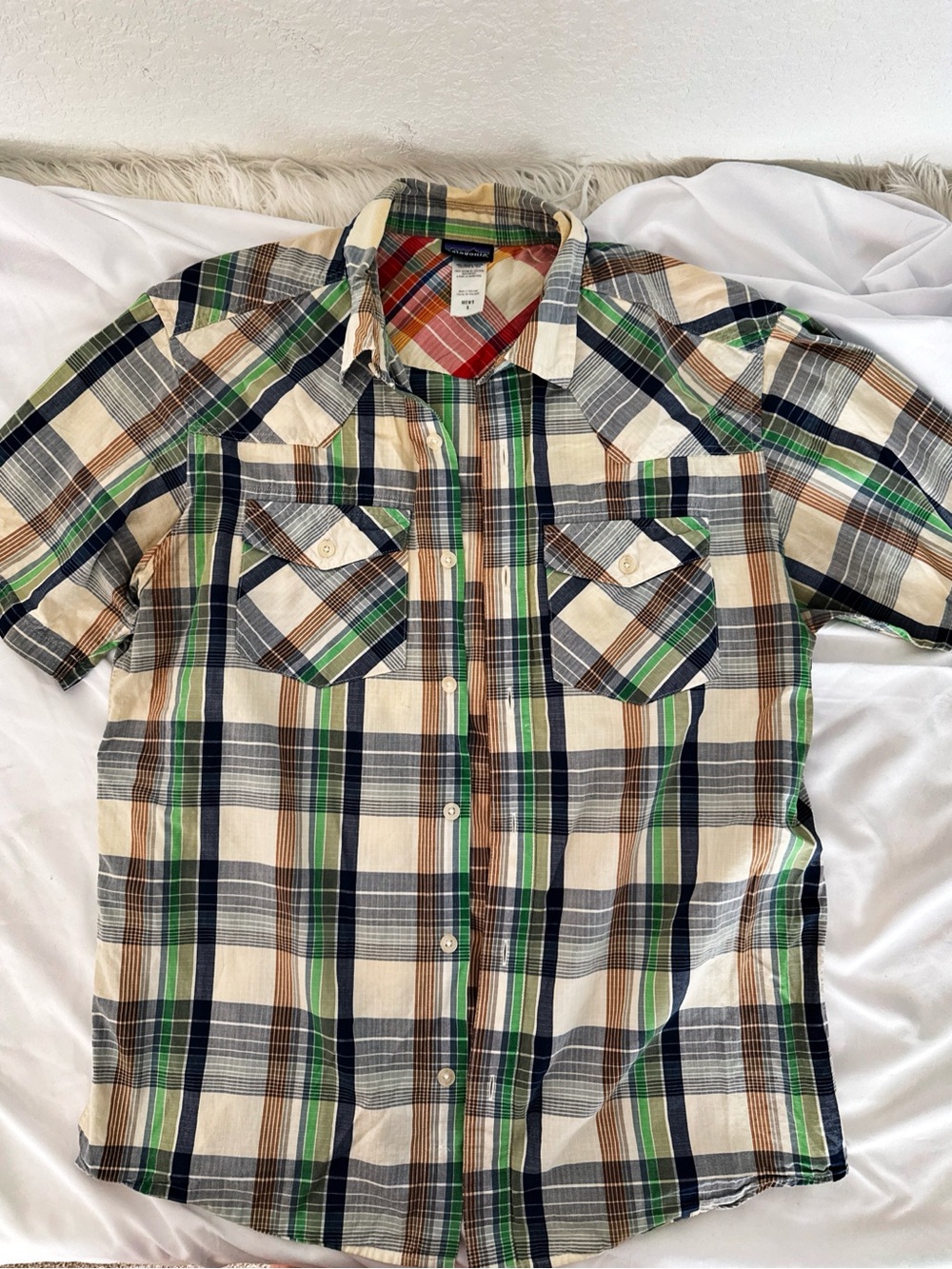 Patagonia Short-Sleeve Plaid Button-Down Shirt - Cream, Green & Navy